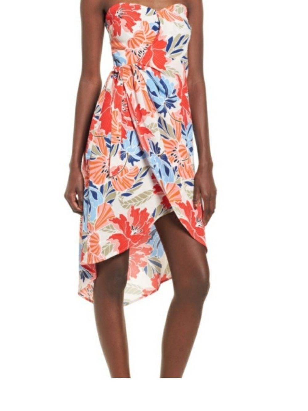 Astr JOSEFINE Floral Strapless Asymmetrical Dress in Red & Blue size M